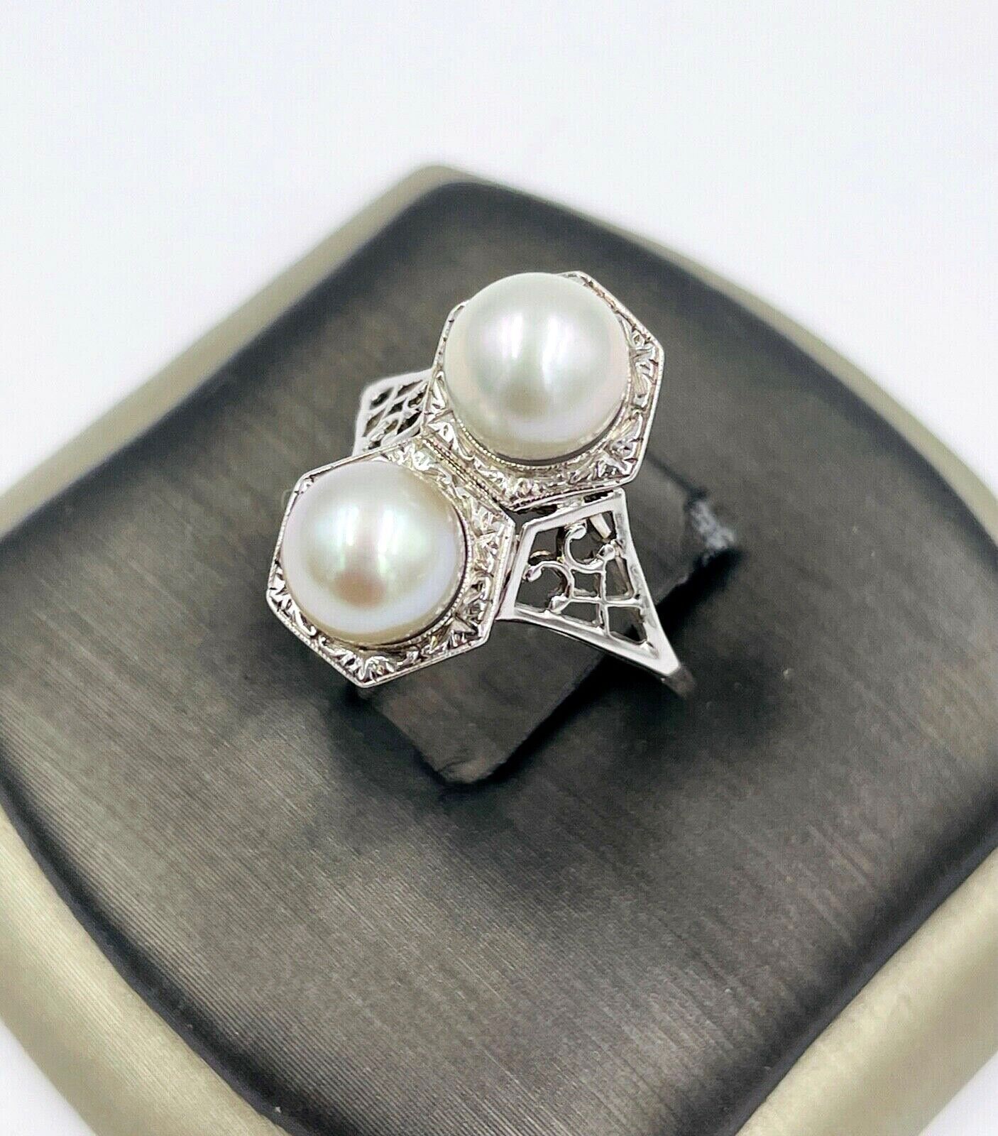 Vintage 14K White Gold Filigree double Pearl Ring Art Deco