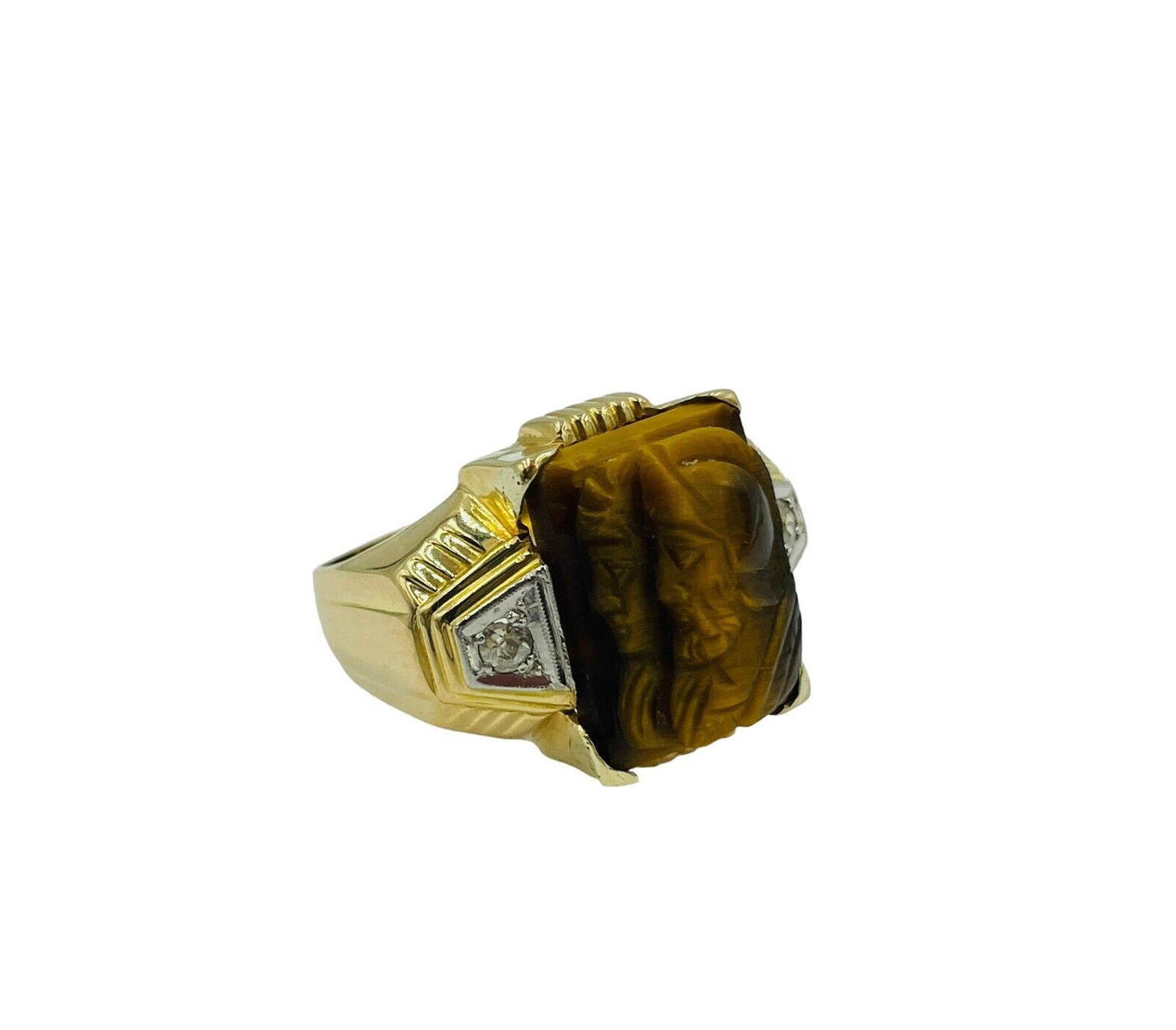 Vintage 18k Yellow Gold Tigers Eye Men's Ring Roman soldier