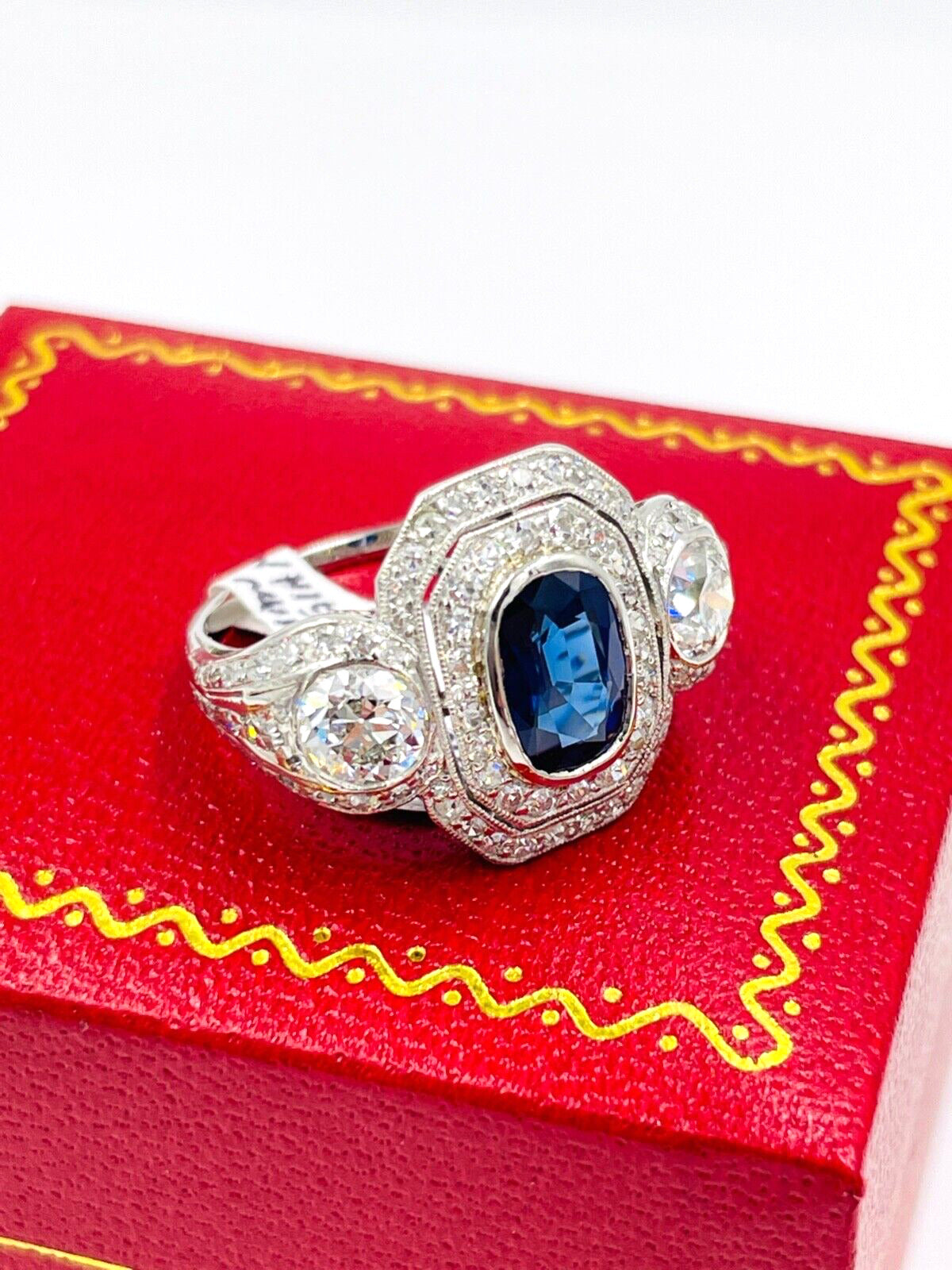 Edwardian Platinum Sapphire Diamond Engagement Ring GIA