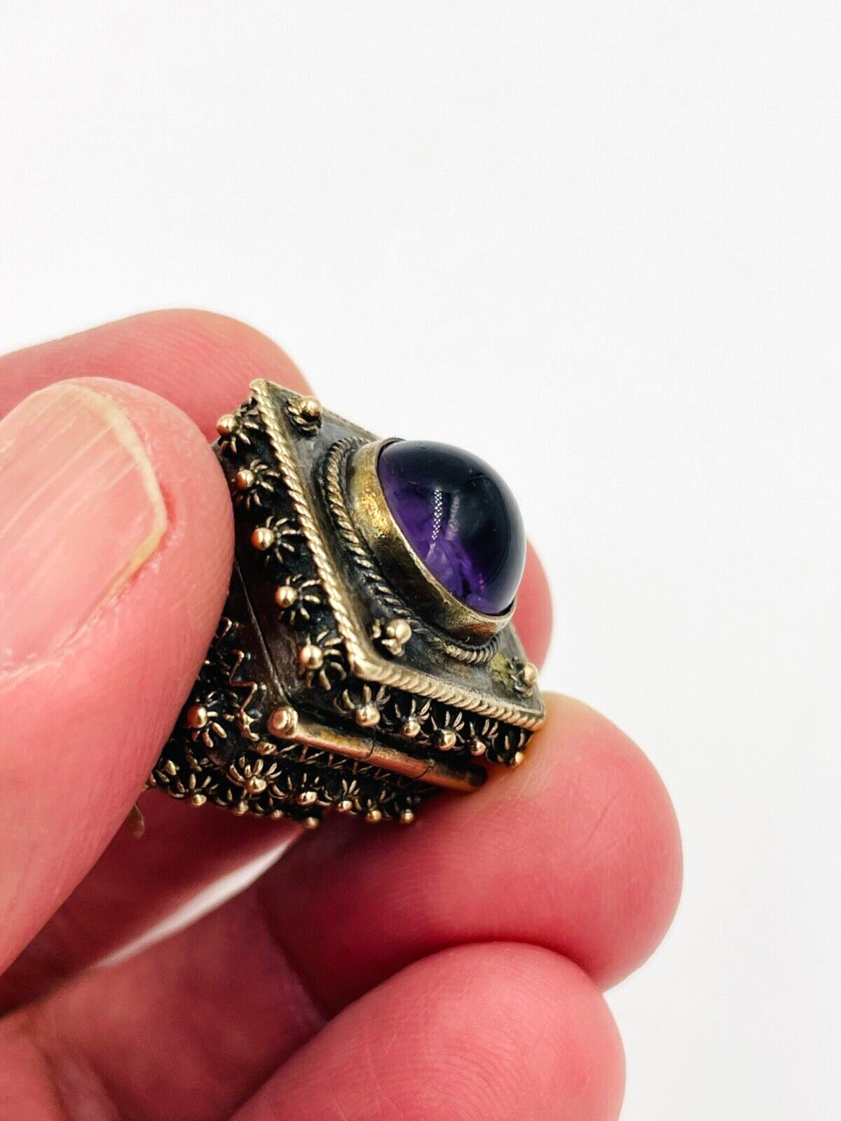 Vintage 800 Silver and Gold Etruscan Poison Box Locket Fob Charm Jeweled