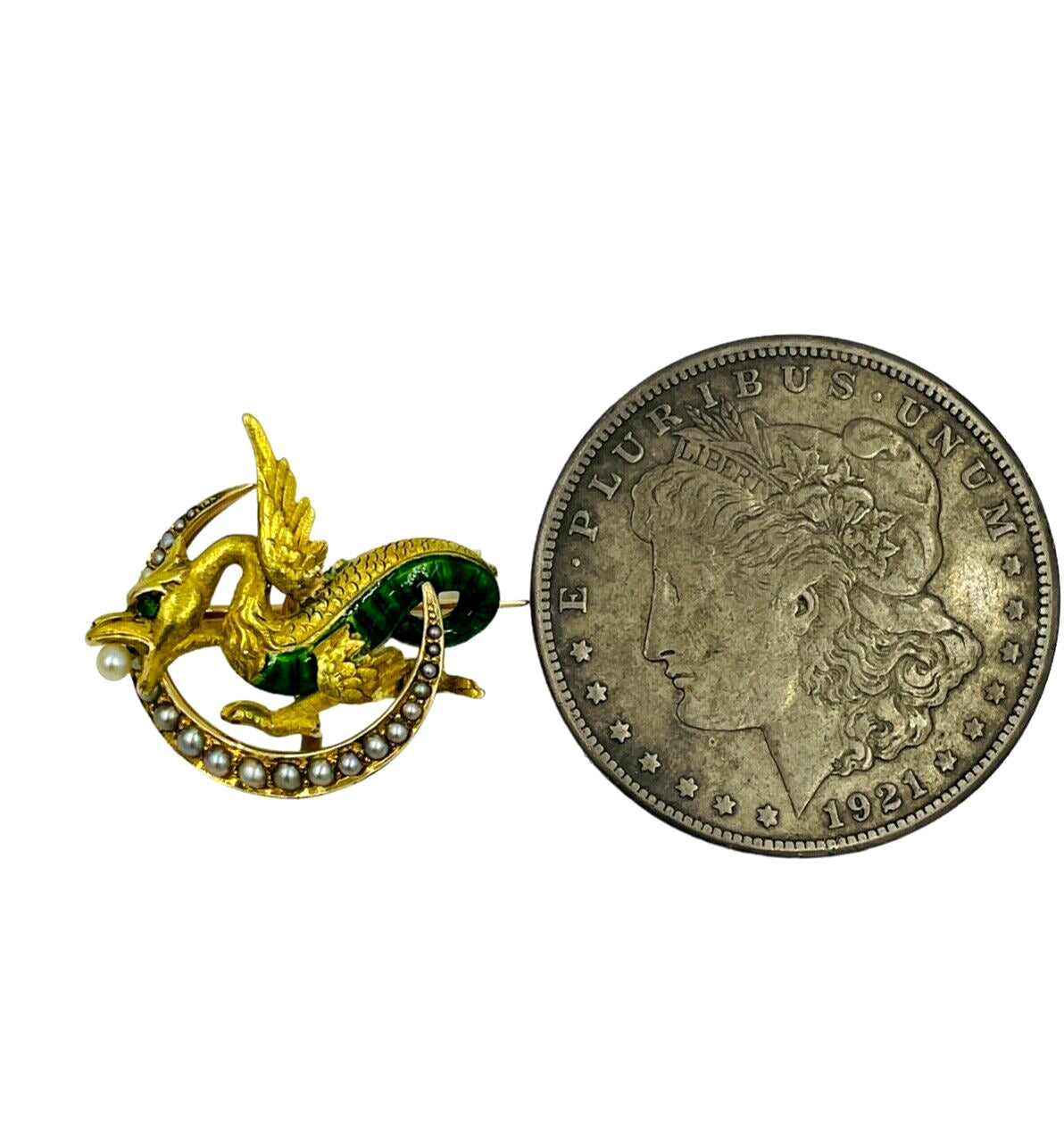 Antique Art Nouveau 14k Winged Dragon/Griffin Pin, Pearls, Green Eye