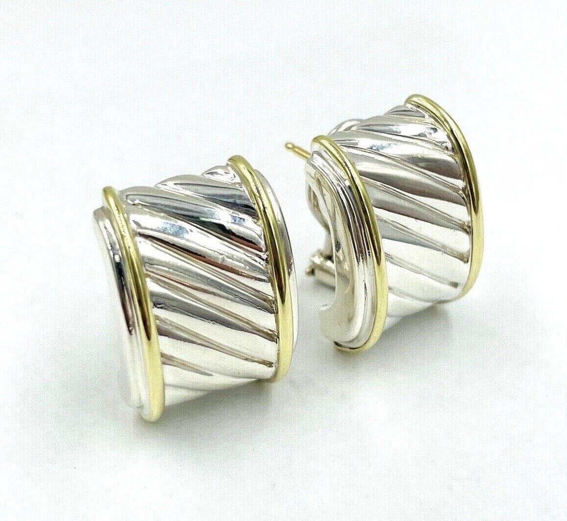 DAVID YURMAN STERLING SILVER 14K YELLOW GOLD THOROUGHBRED CABLE CIGAR EARRINGS