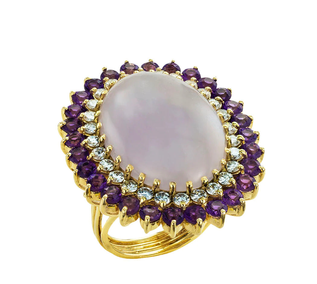 Lavender Jade Amethyst Diamonds 14k Yellow Gold Cocktail Ring