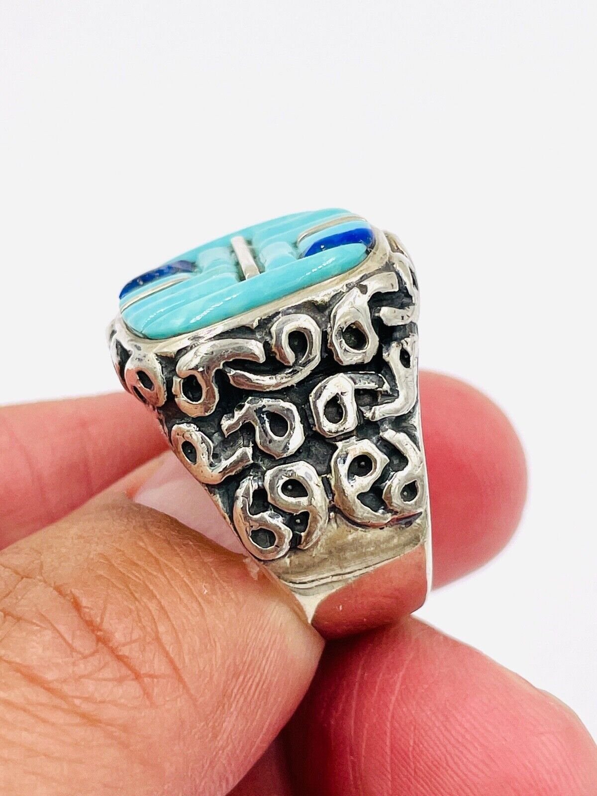 Native American Myra Nastacio Zuni Tribe Sterling Silver Turquois Inlay Ring 69