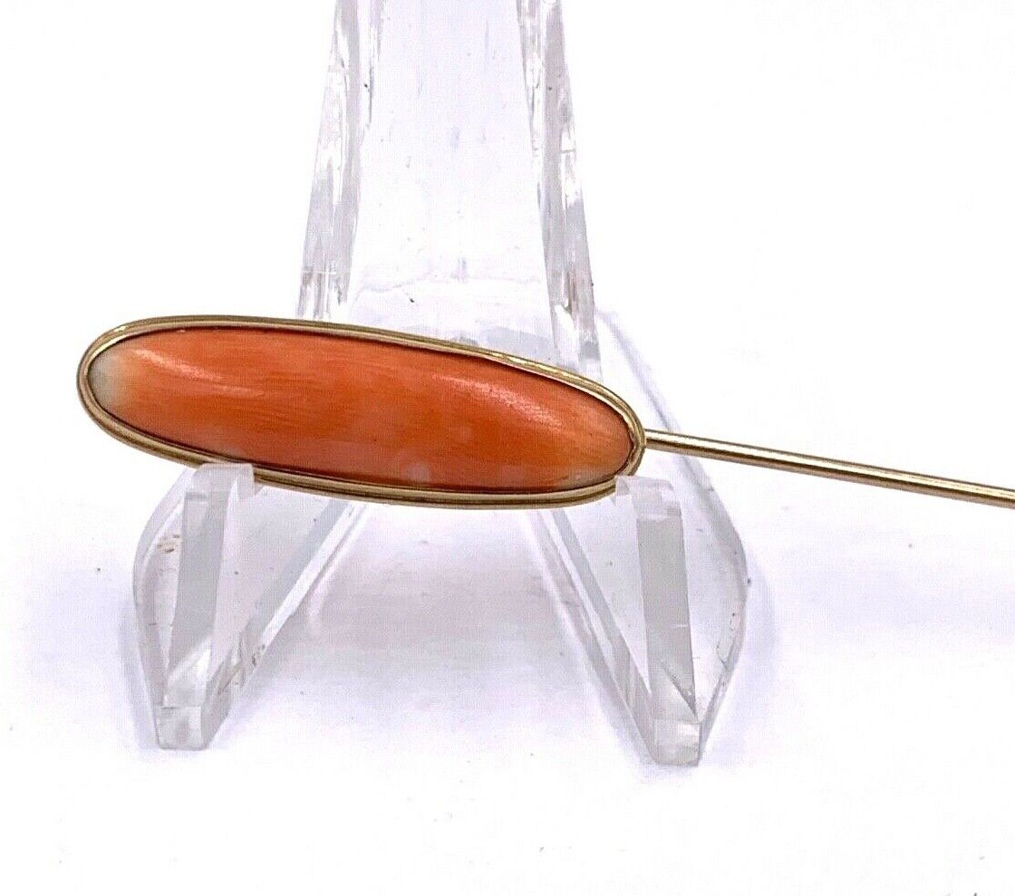 Antique 10K Yellow Gold Salmon Coral Lapel Pin stick hat pin Signed
