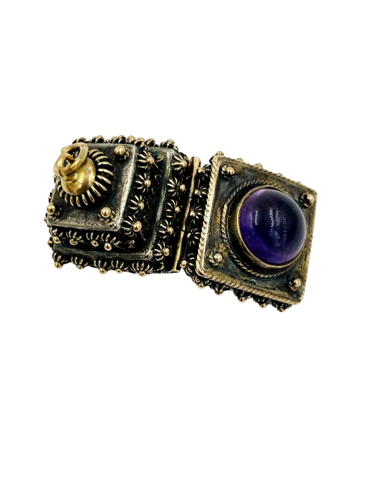 Vintage 800 Silver and Gold Etruscan Poison Box Locket Fob Charm Jeweled