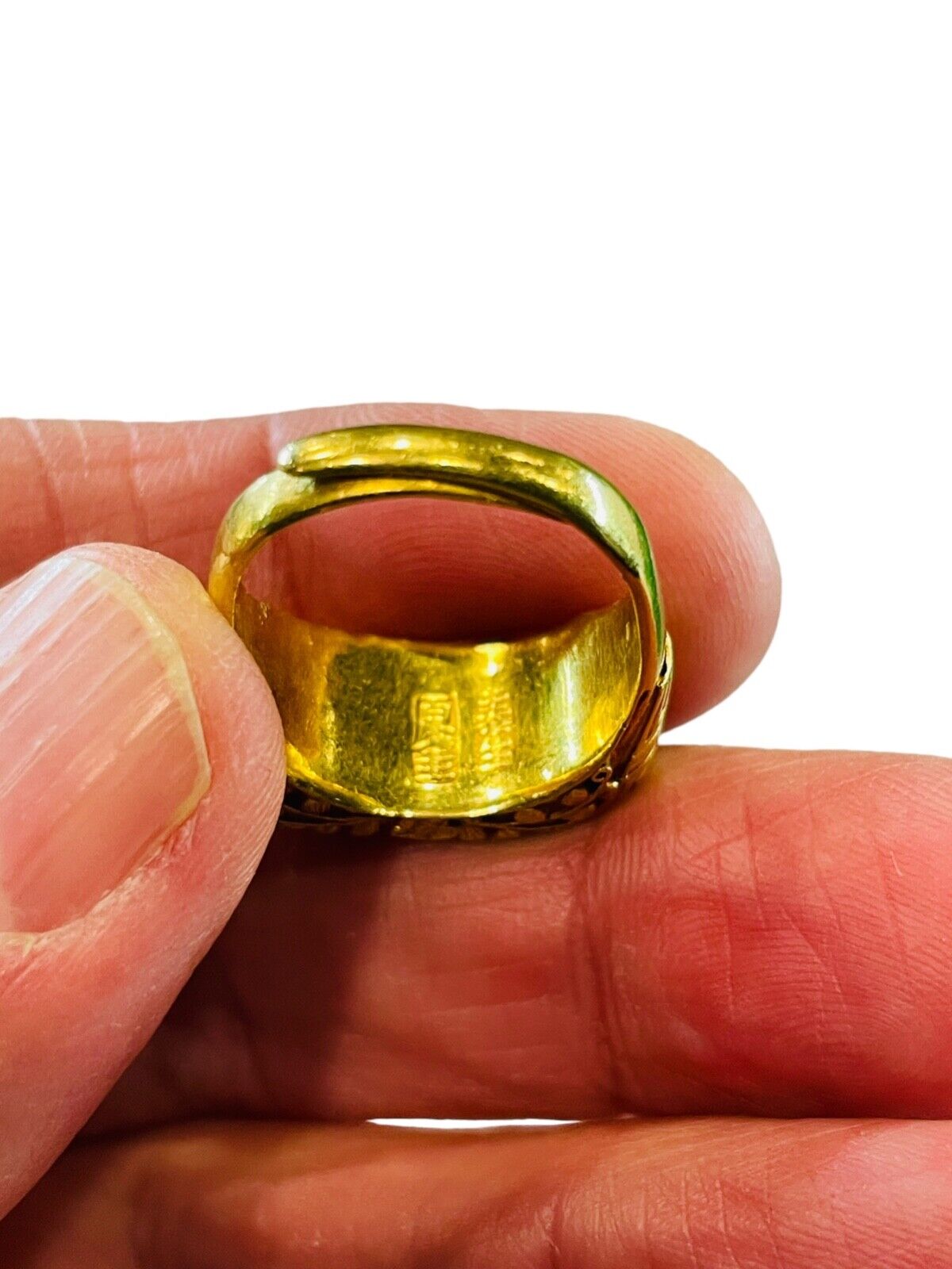 Men's Antique Yellow Gold Jade Solitaire Ring 22k Saddle East-West