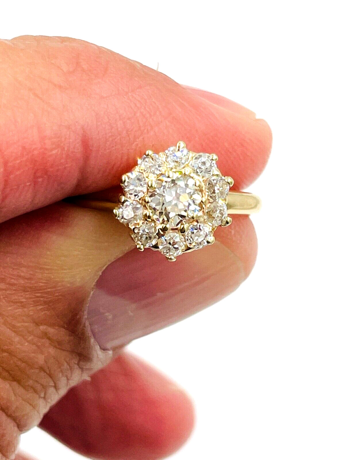 Victorian 14K Gold Diamond Cluster Flower Ring Old European Cut VS
