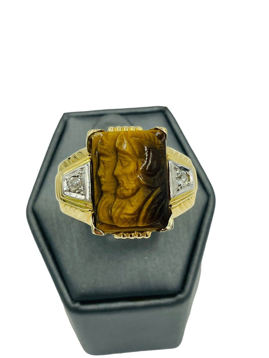 Vintage 18k Yellow Gold Tigers Eye Men's Ring Roman soldier