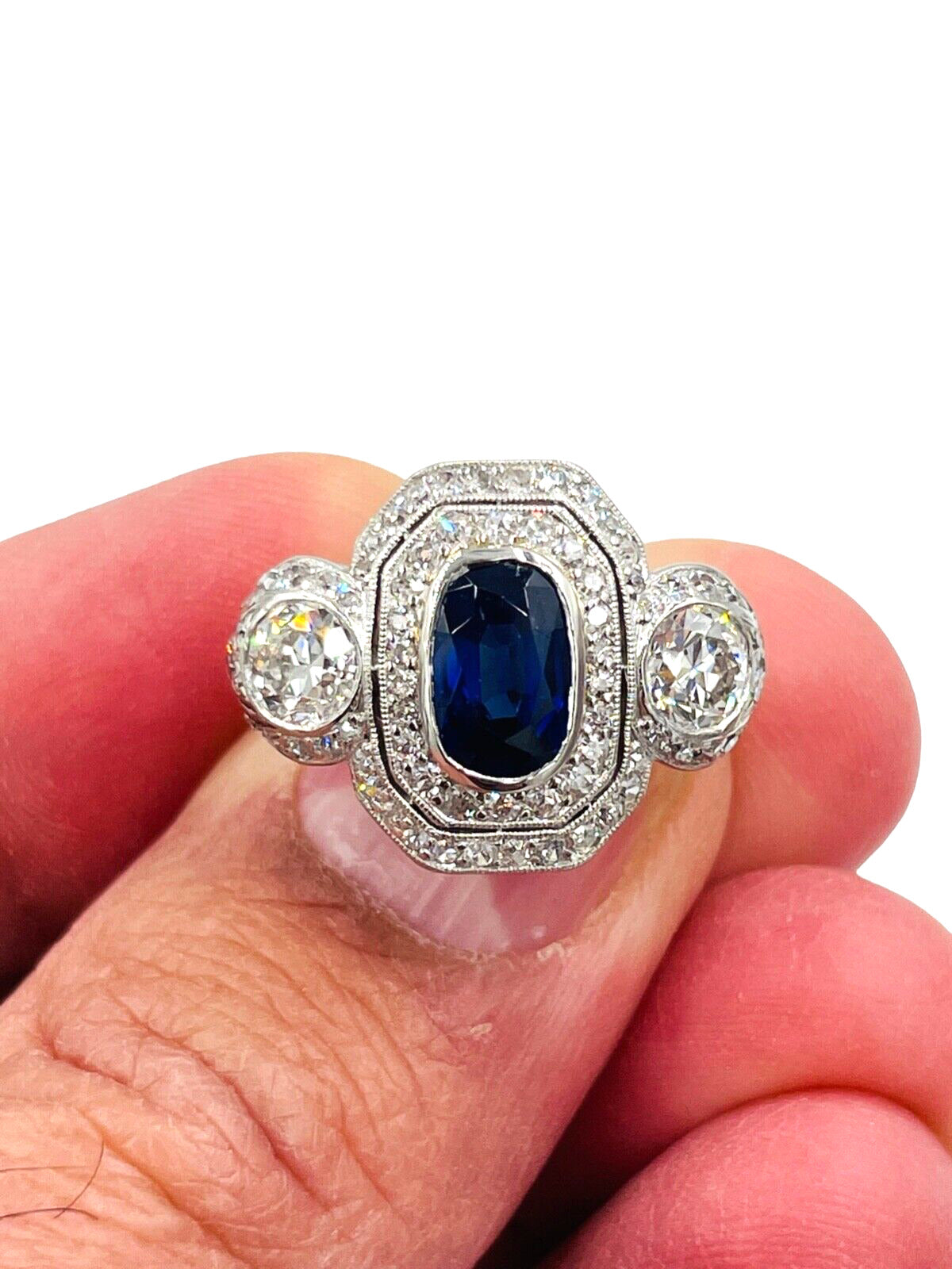 Edwardian Platinum Sapphire Diamond Engagement Ring GIA