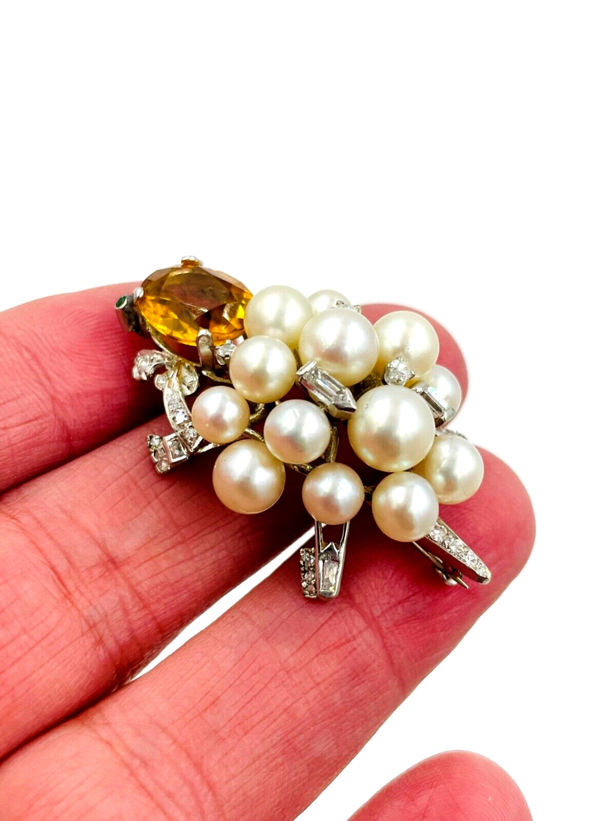 Vintage 14k White Gold Citrine Diamond Turtle Pin Brooch Emerald eyes