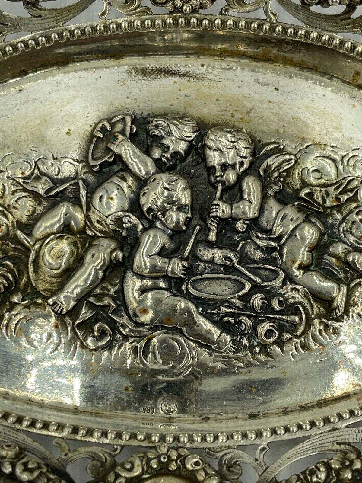 19C Antique German 800 Solid Silver Serving Dish Bowl Tray Basket Rococo Cherub