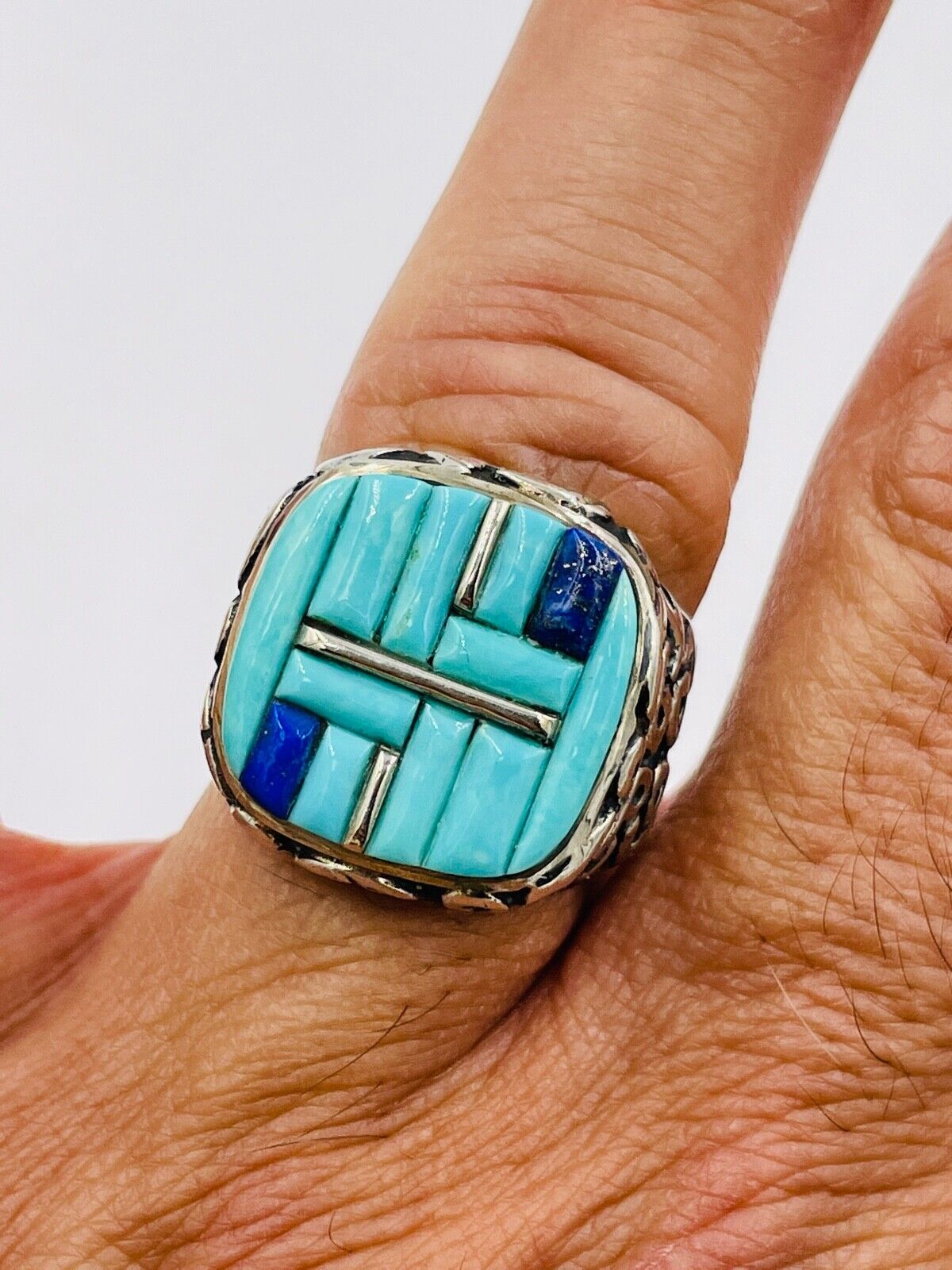 Native American Myra Nastacio Zuni Tribe Sterling Silver Turquois Inlay Ring 69
