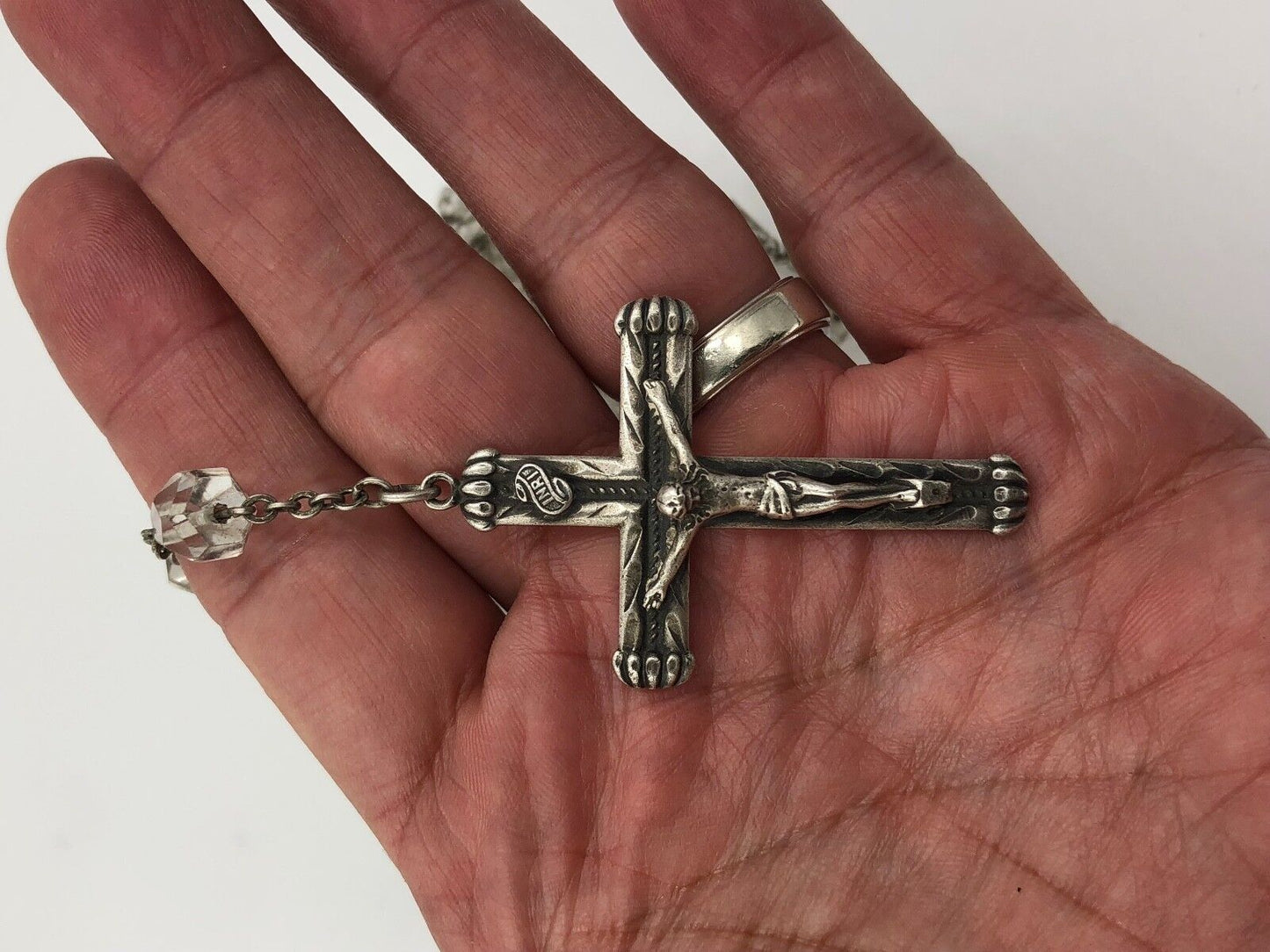 Antique Sterling Silver Religious Catholic Faceted Crystal Glass Bead Rosary