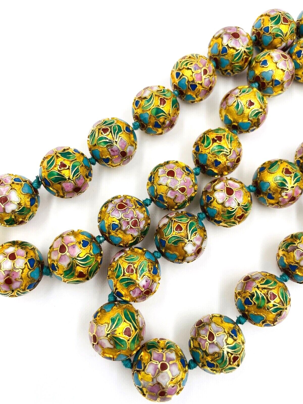 Antique Chinese Necklace - Cloisonne Enamel Gold beads - Lotus Flowers