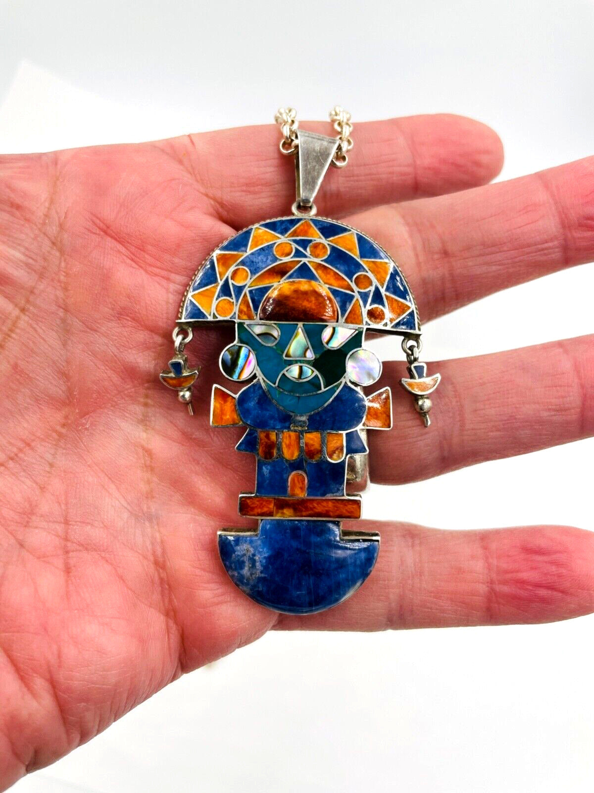 Vintage Peruvian Inca Tumi God Knife Pin Pendant Necklace 950 Silver
