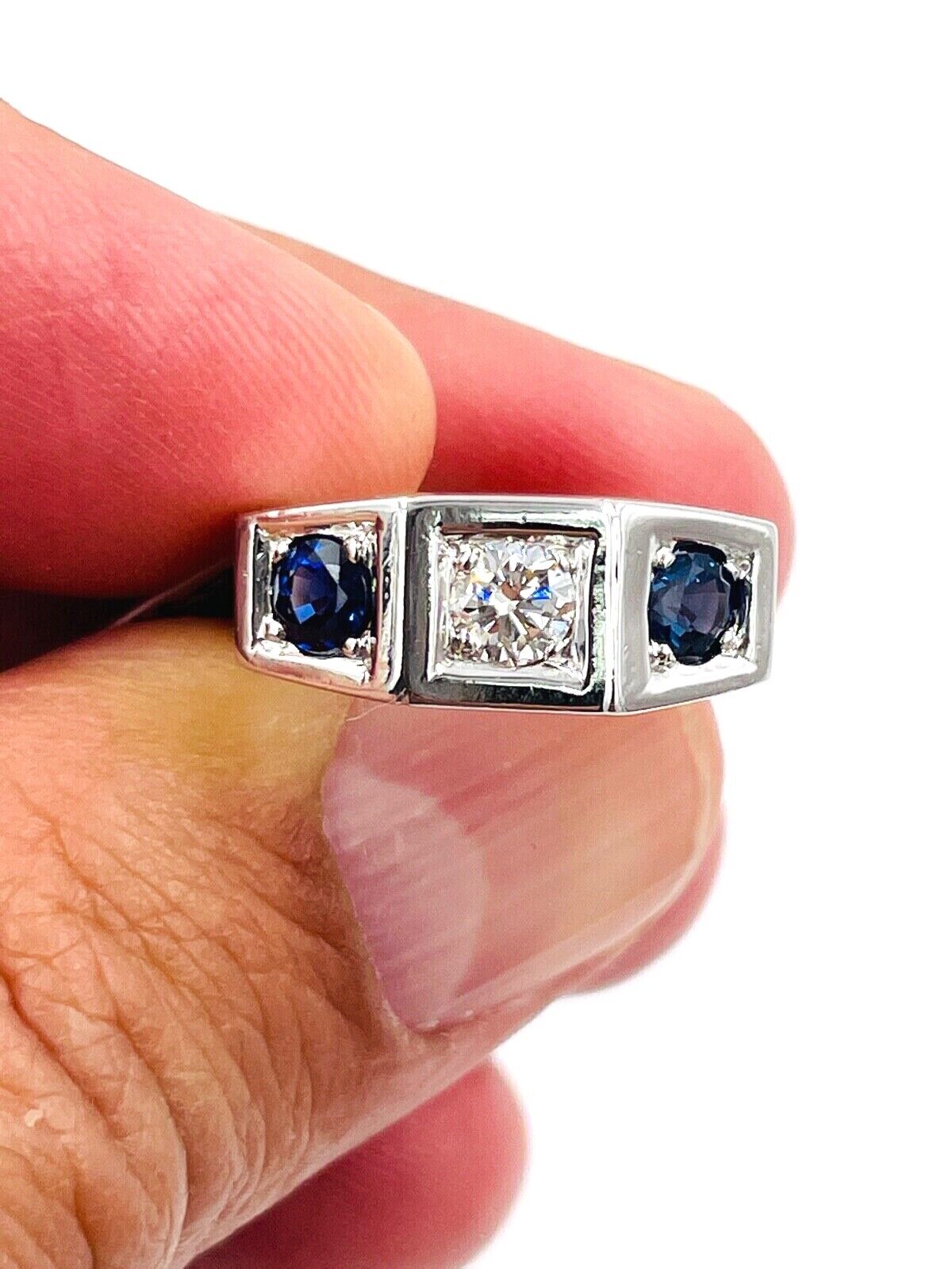 Art Deco Diamond Sapphire White Gold Three Stone Ring