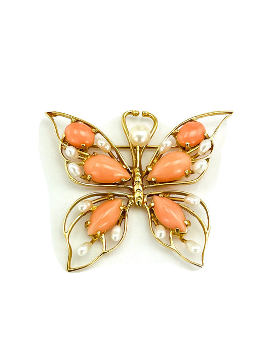 Vintage 14k Gold Angel Skin Coral Butterfly Brooch Pin