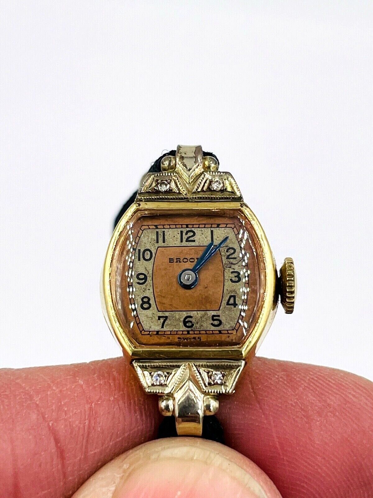 Art Deco Helbros Brooks 14k gold watch with Diamonds working