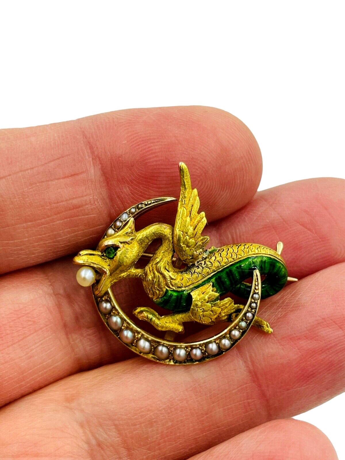 Antique Art Nouveau 14k Winged Dragon/Griffin Pin, Pearls, Green Eye