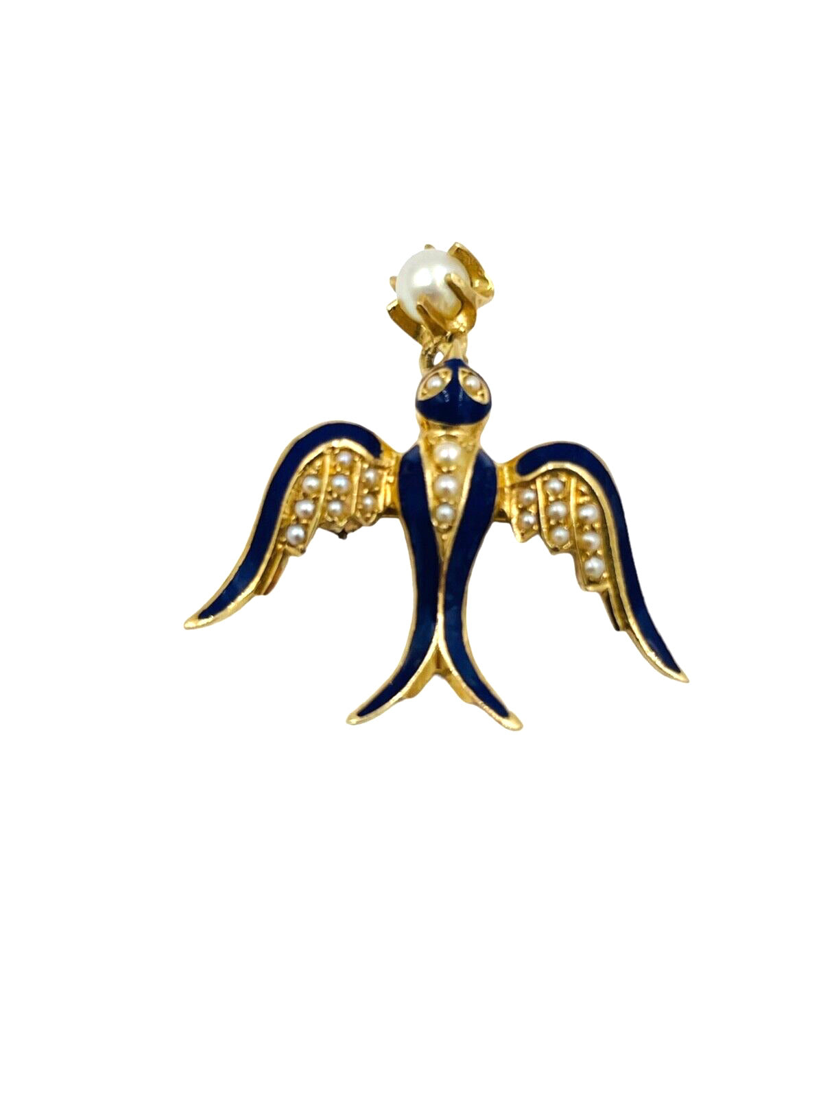 Exquisite Vintage 14K Gold enamel Flying Bird Brooch with Pearl Drop