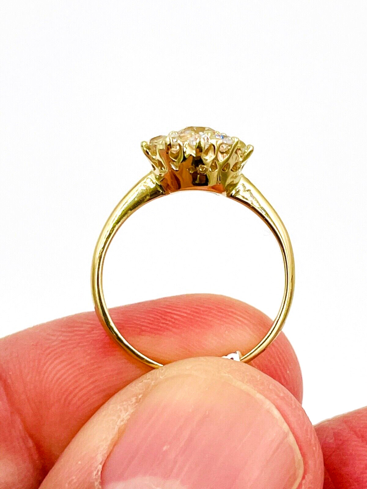 Victorian 14K Gold Diamond Cluster Flower Ring Old European Cut VS