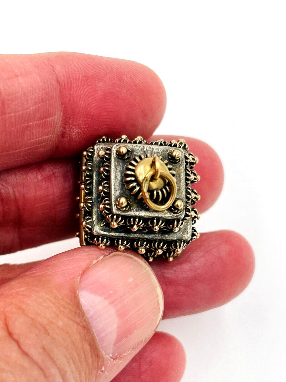Vintage 800 Silver and Gold Etruscan Poison Box Locket Fob Charm Jeweled