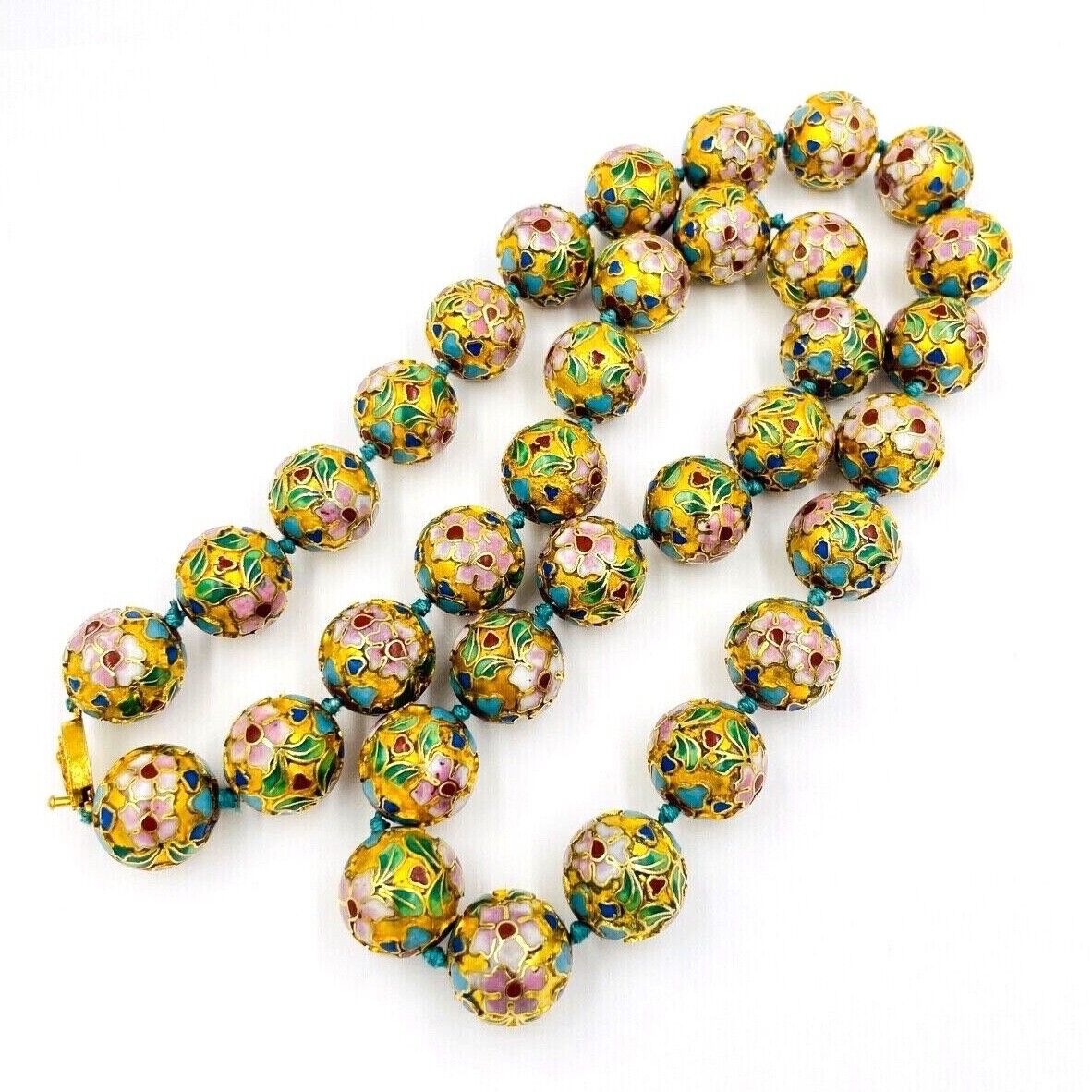 Antique Chinese Necklace - Cloisonne Enamel Gold beads - Lotus Flowers