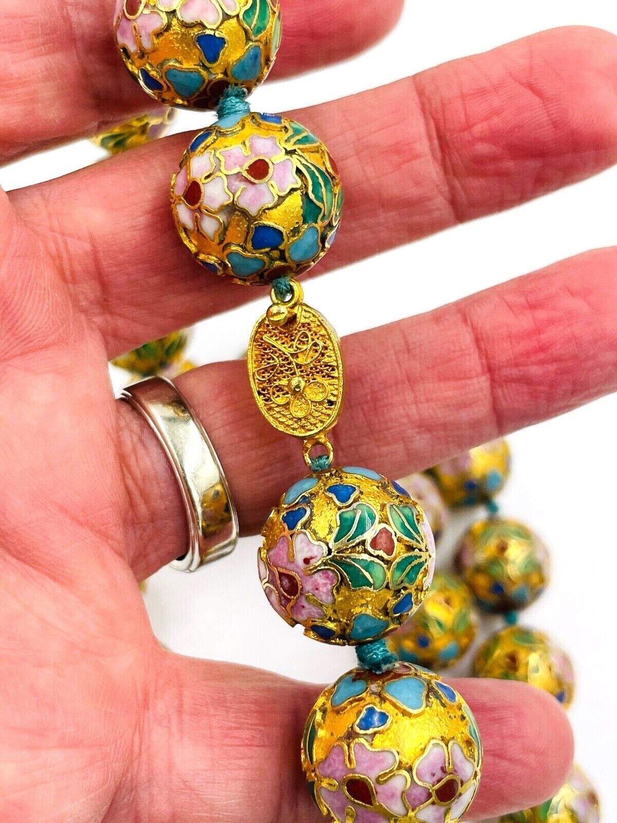 Antique Chinese Necklace - Cloisonne Enamel Gold beads - Lotus Flowers