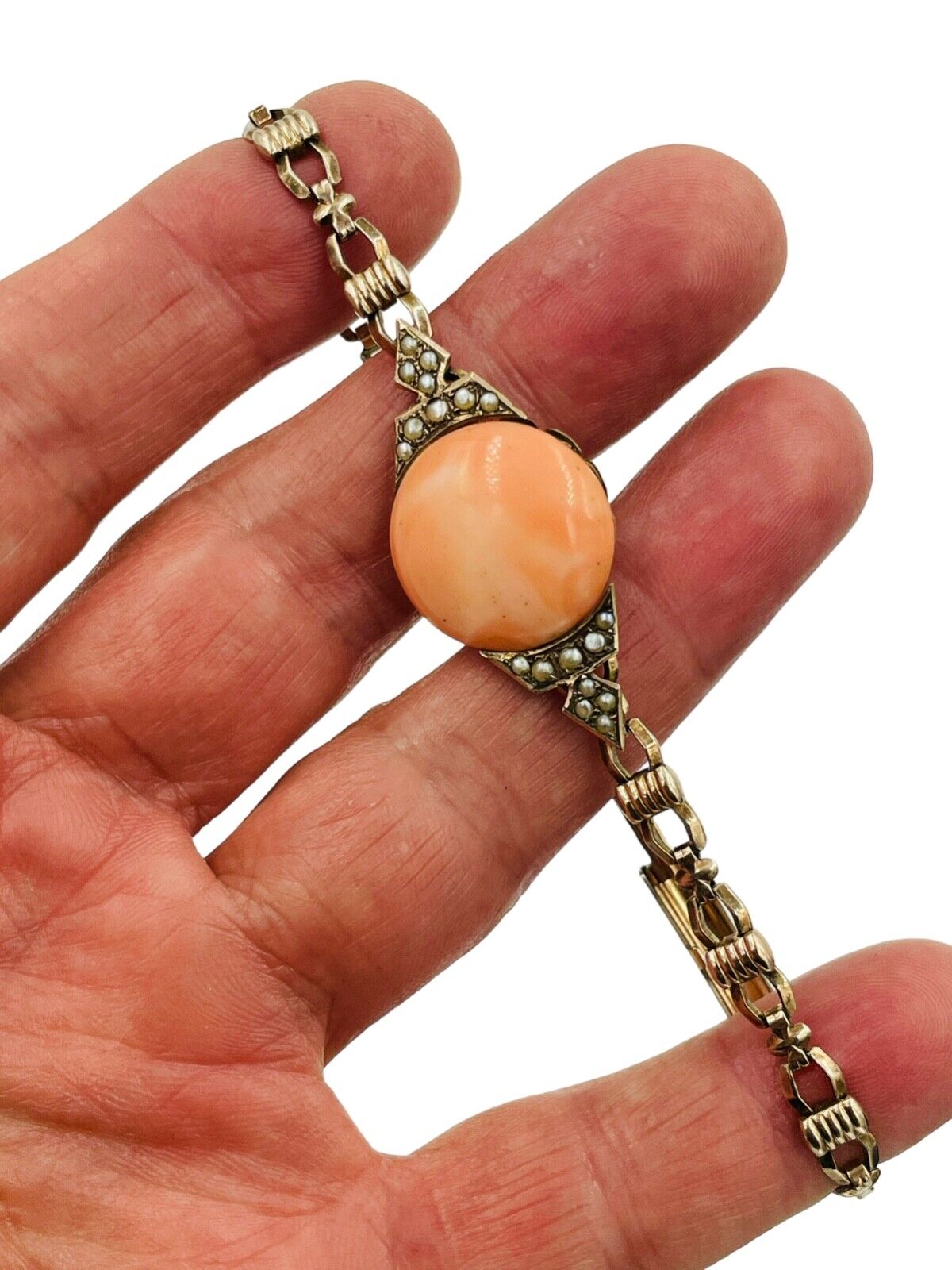Antique 12k Gold Filled on .800 Silver Coral and Pearl Bracelet