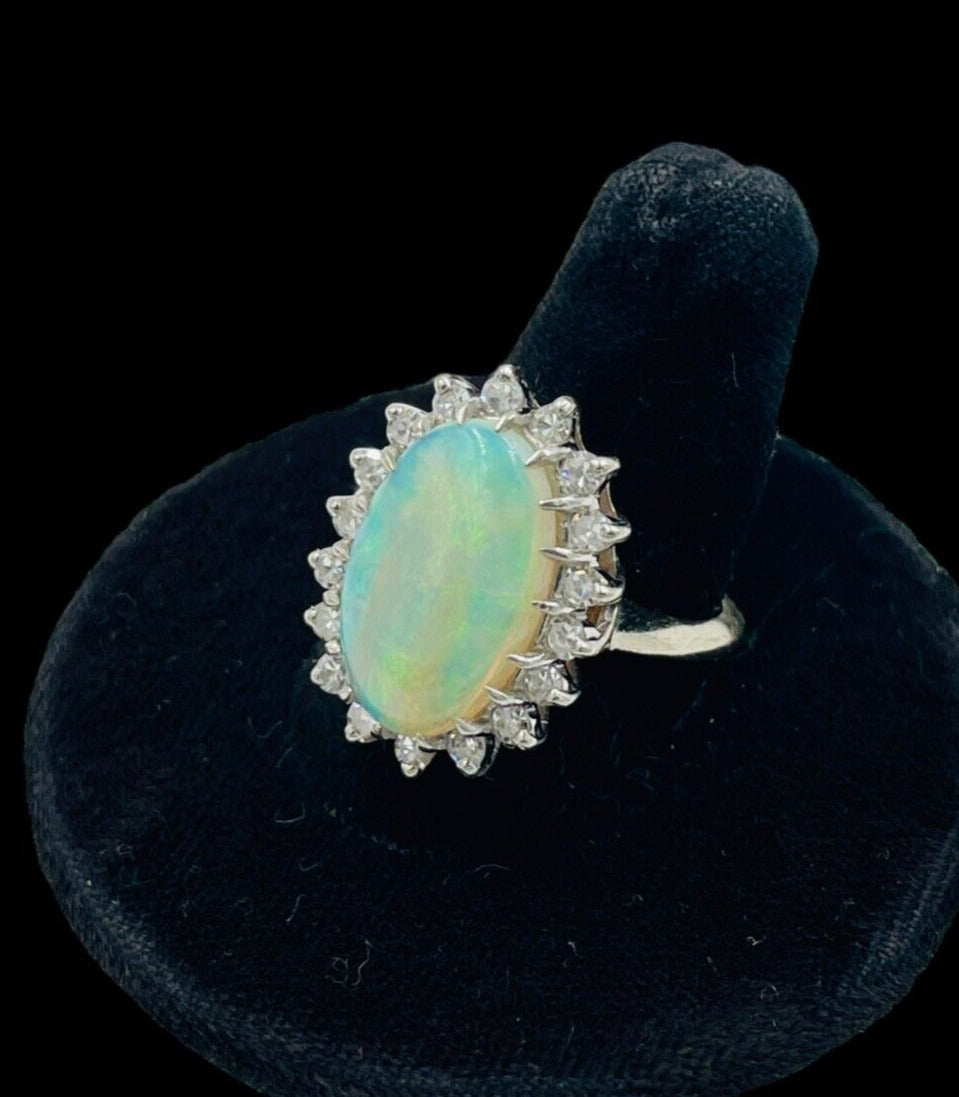 Estate Opal and Diamond 14k white gold Cocktail Ring