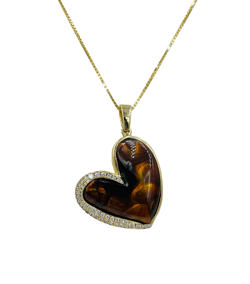 14k Pave Diamond Fire Agate Heart Pendant Necklace 18"