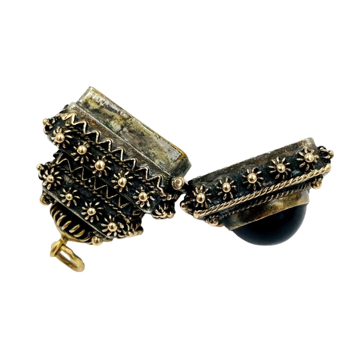 Vintage 800 Silver and Gold Etruscan Poison Box Locket Fob Charm Jeweled