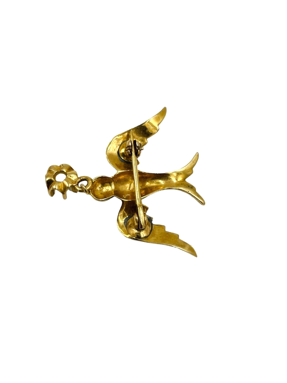 Exquisite Vintage 14K Gold enamel Flying Bird Brooch with Pearl Drop