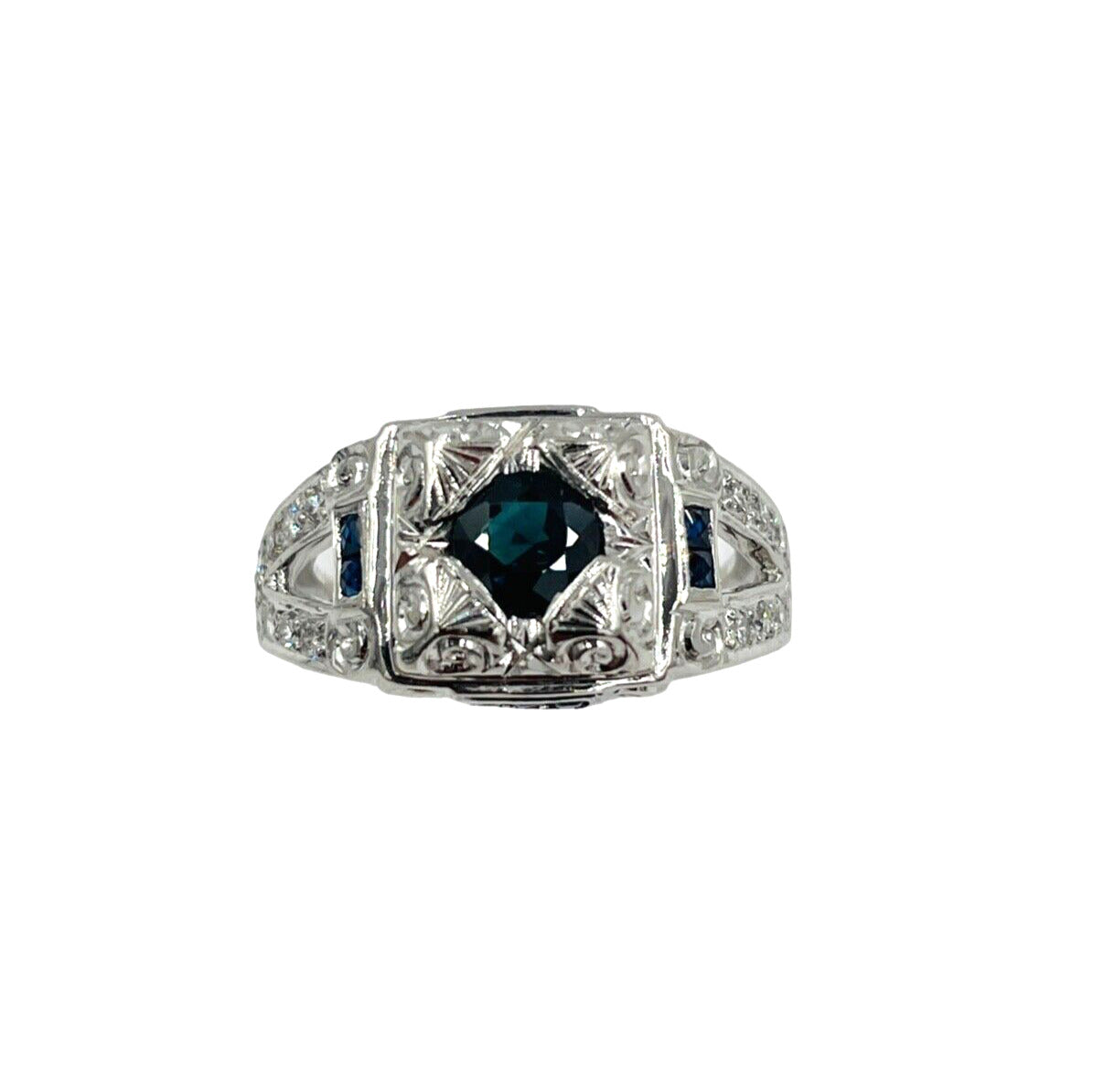 Vintage Platinum Sapphire Diamond Hand etches Ring