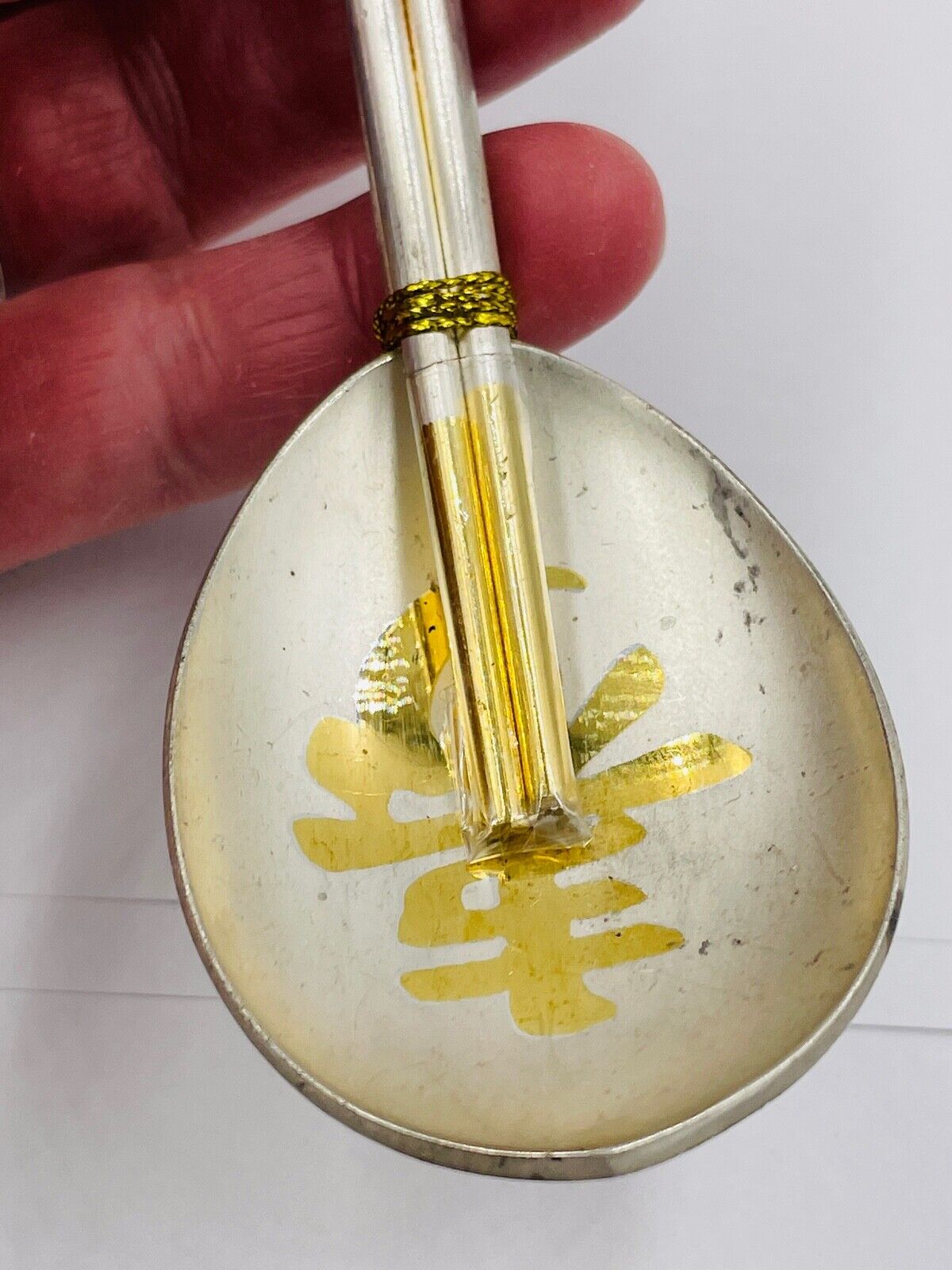 NOS Pure Silver .999 Chop Sticks and spoon set gold plated Korean