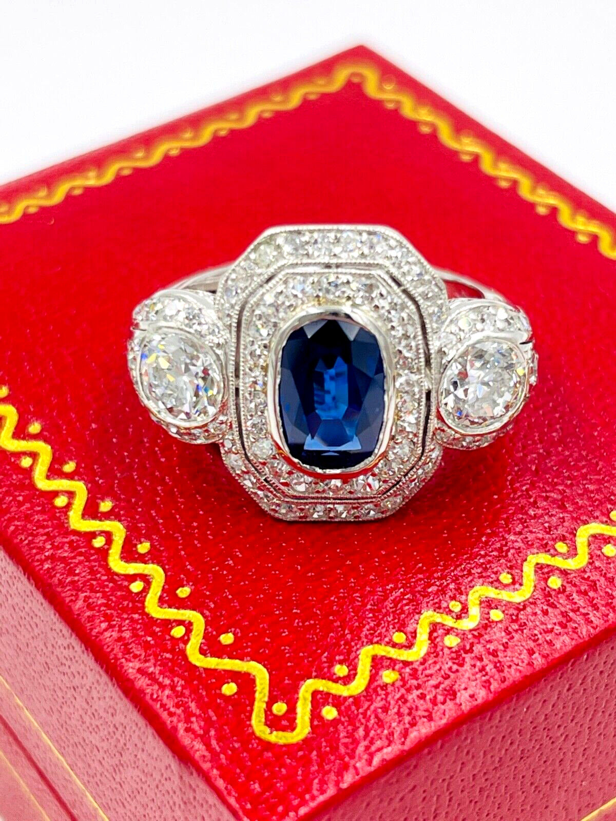 Edwardian Platinum Sapphire Diamond Engagement Ring GIA