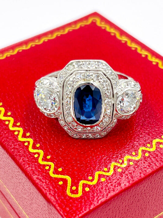 Edwardian Platinum Sapphire Diamond Engagement Ring GIA