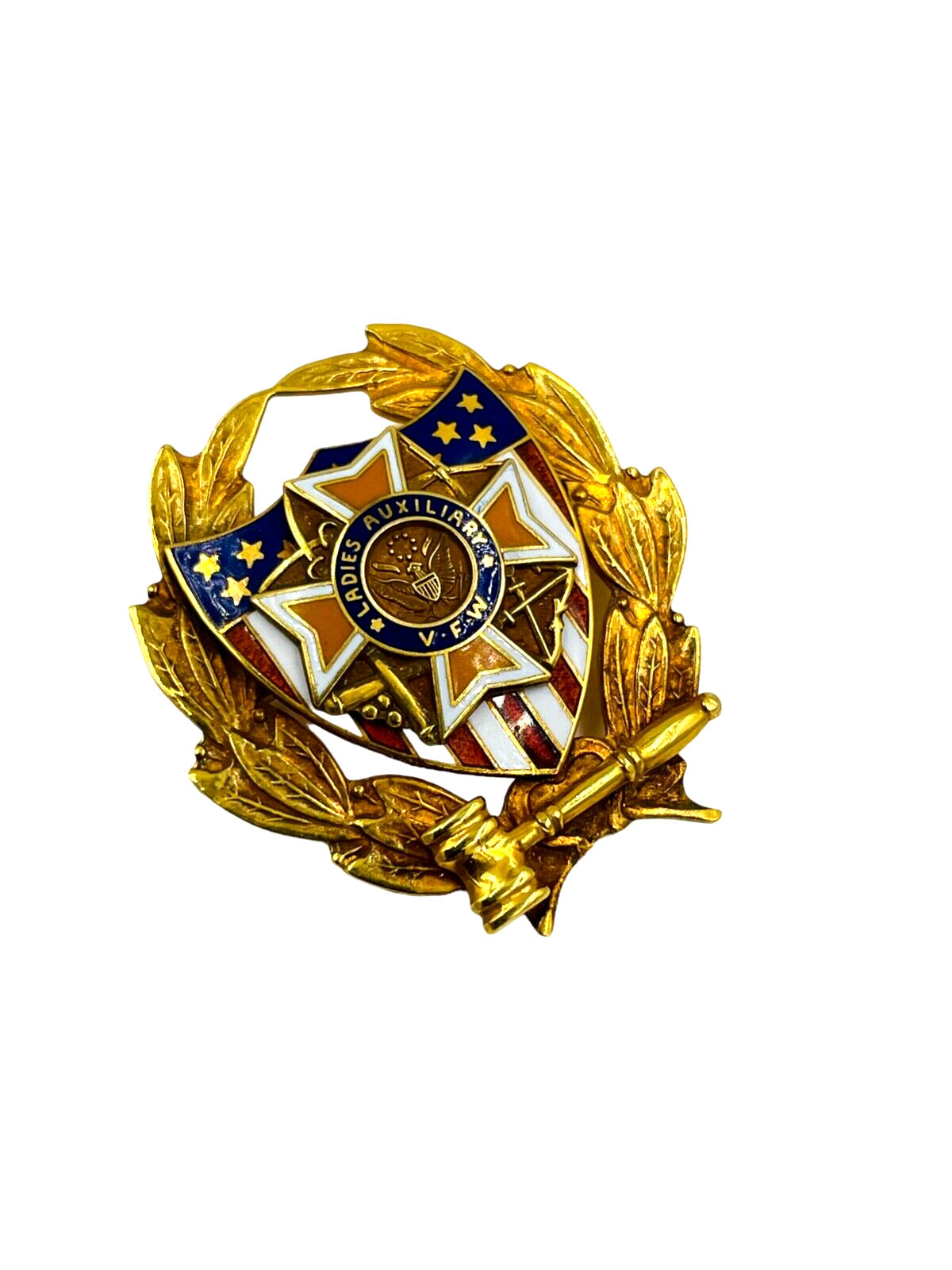 10K Gold Enamel VFW Ladies Auxiliary Pin Veteran Foreign Wars Wreath Gavel 8g