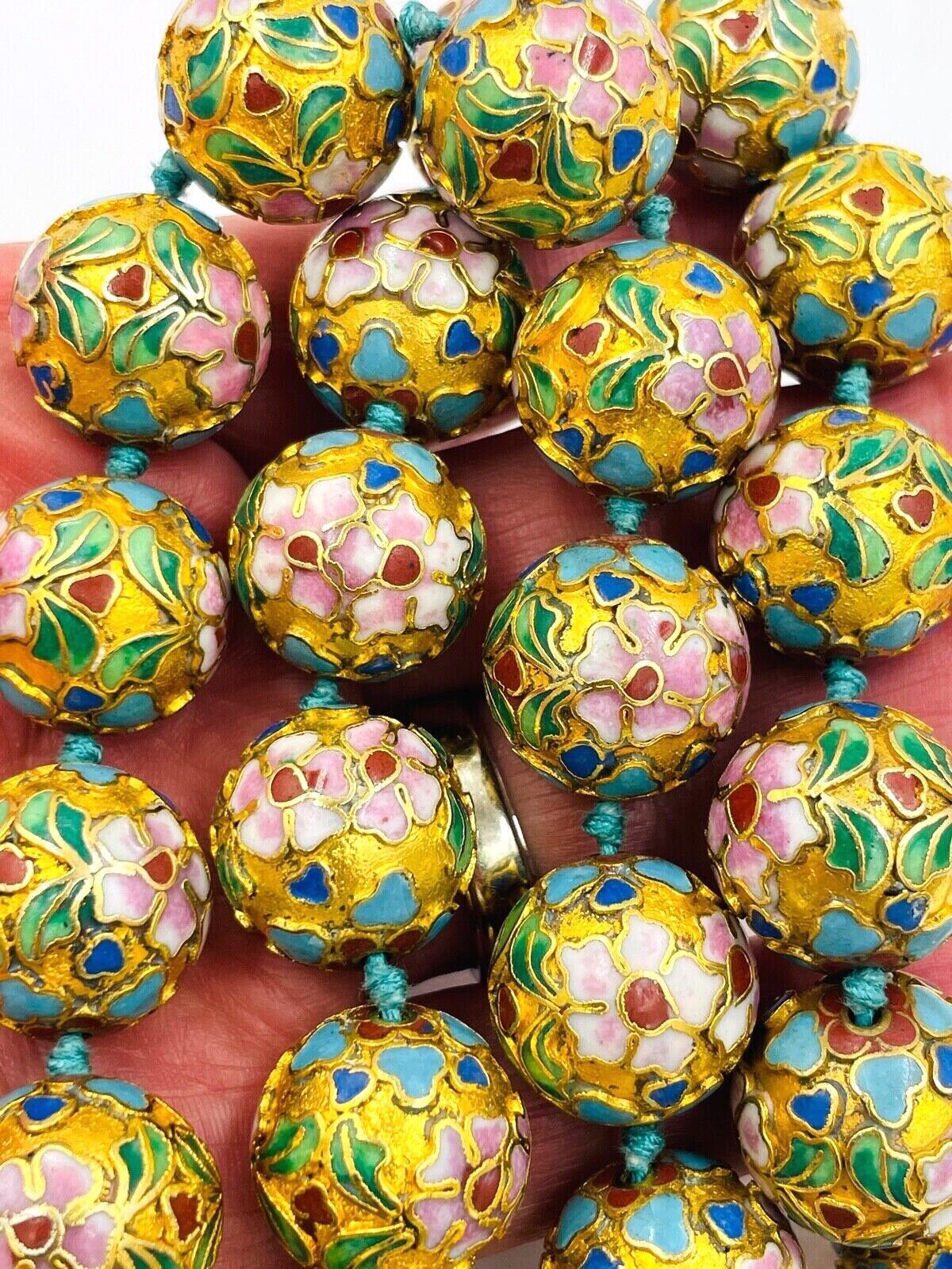 Antique Chinese Necklace - Cloisonne Enamel Gold beads - Lotus Flowers