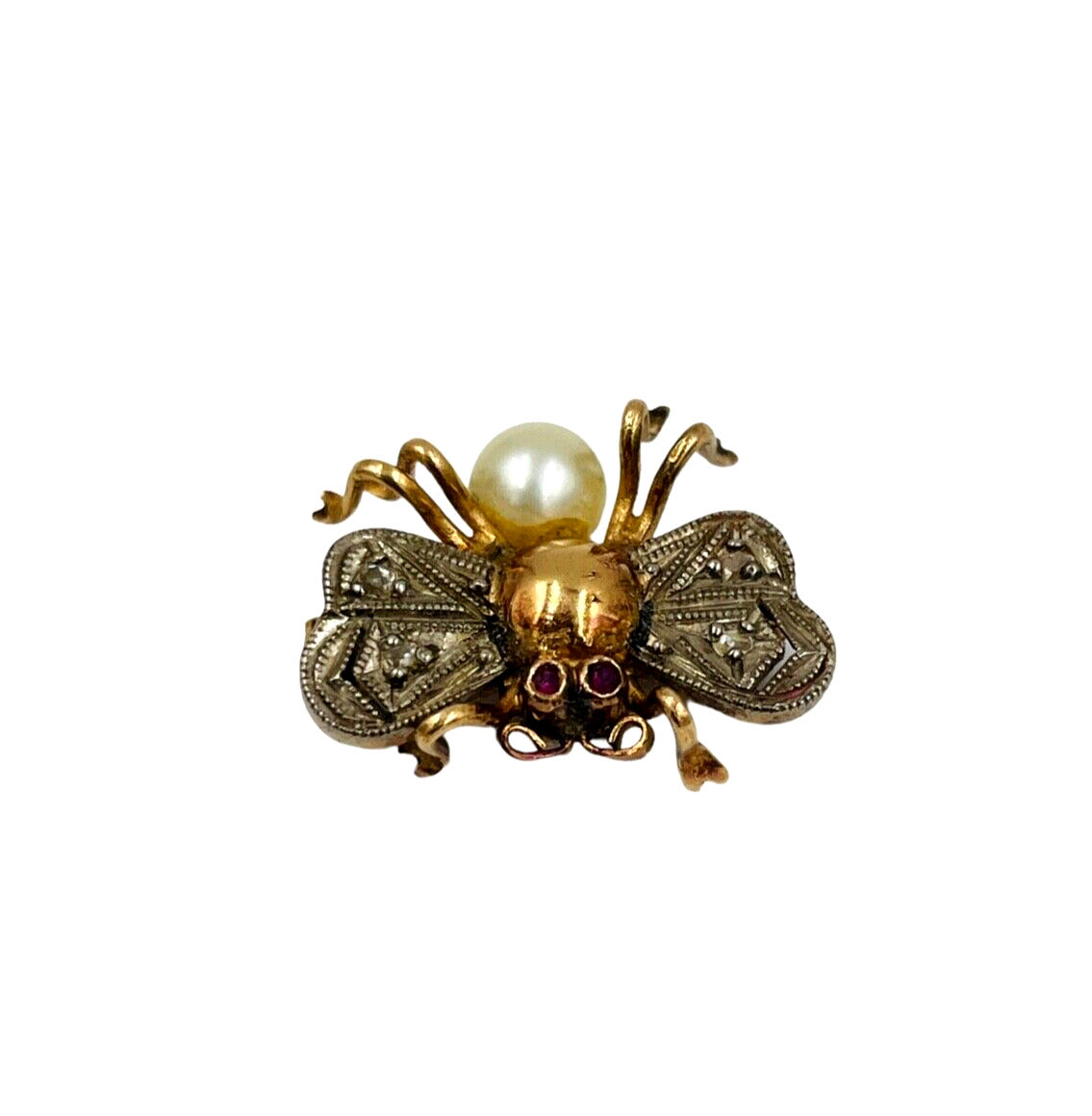 Victorian 18K Yellow Gold Fly Rose cut diamond brooch pin Ruby Pearl