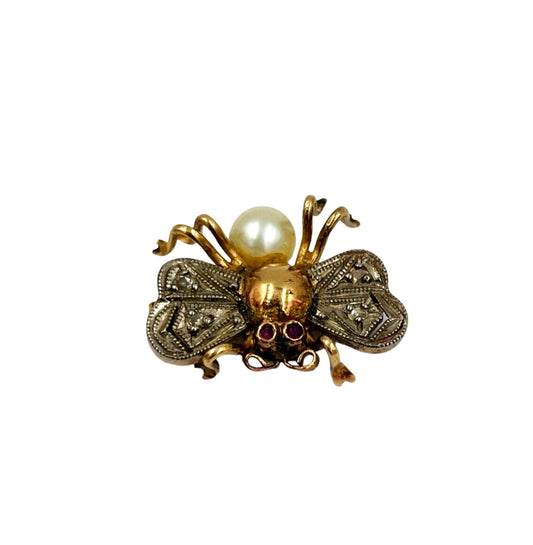 Victorian 18K Yellow Gold Fly Rose cut diamond brooch pin Ruby Pearl