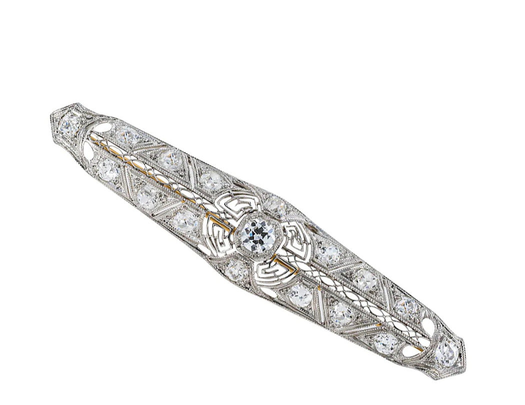Edwardian Diamond Filigree Platinum Bar Brooch