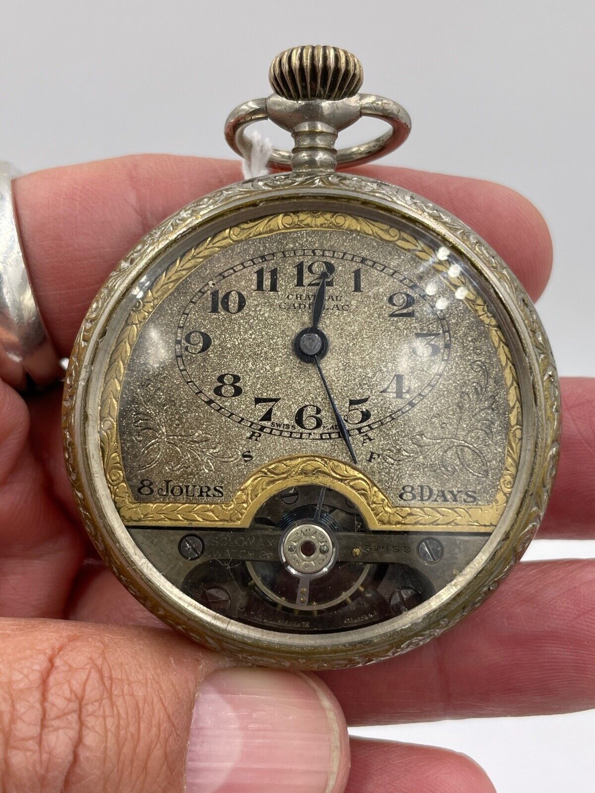 Solomax Chateau Cadillac 8 Day Pocket Watch Openscape Engraved case Rare