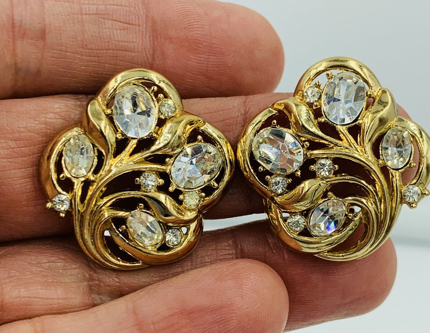 Crown Trifari Gold Toned Crystal Clip On Earrings
