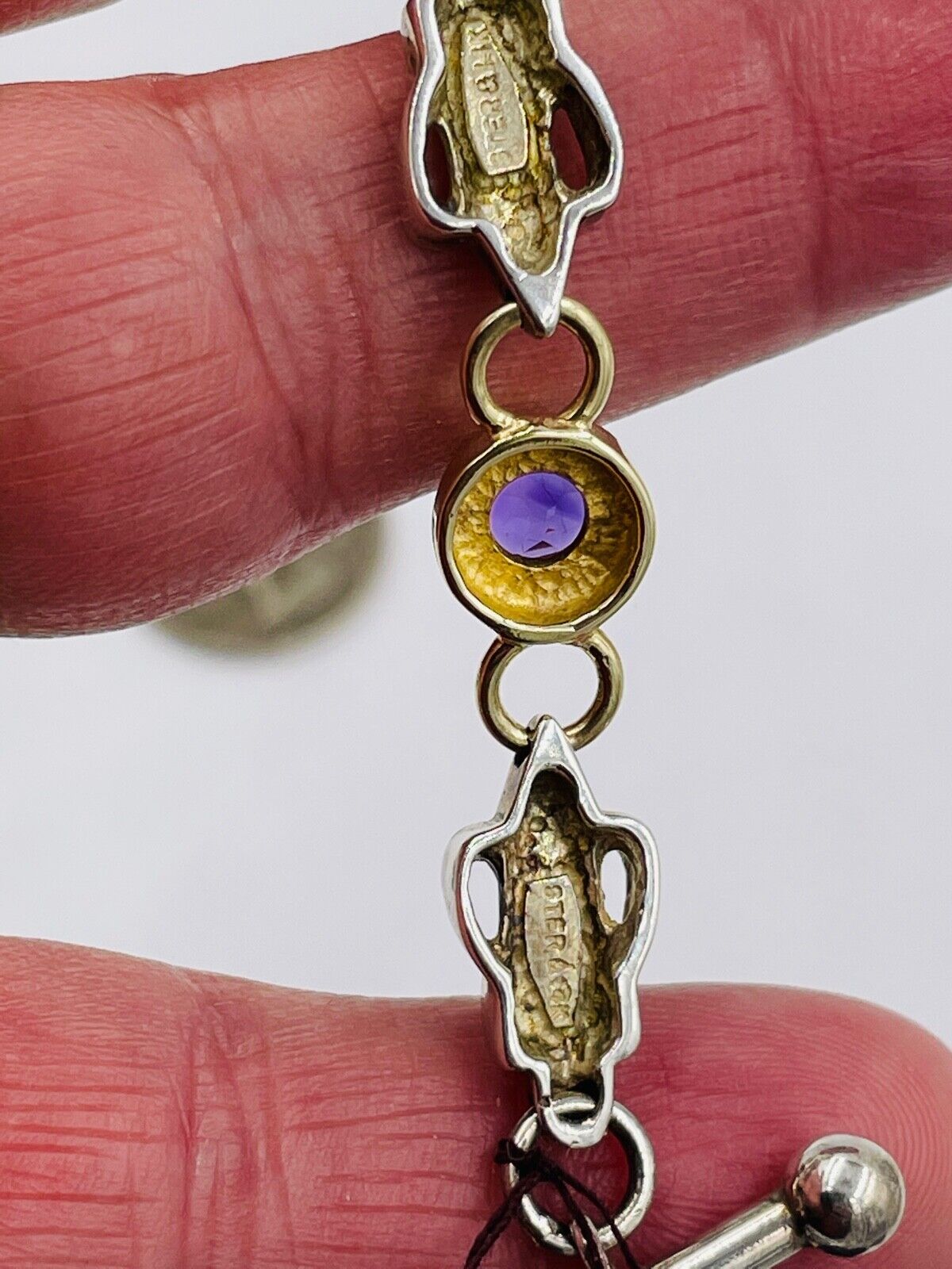 NOS Rigoberto Sterling & 14K Yellow Gold Amethyst station fancy link Bracelet