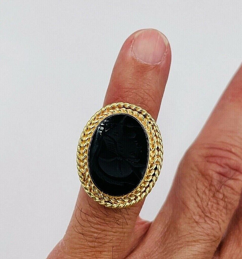 14k Gold Intaglio Ring Roman Soldier Black Onyx Sz 4.5 Vintage