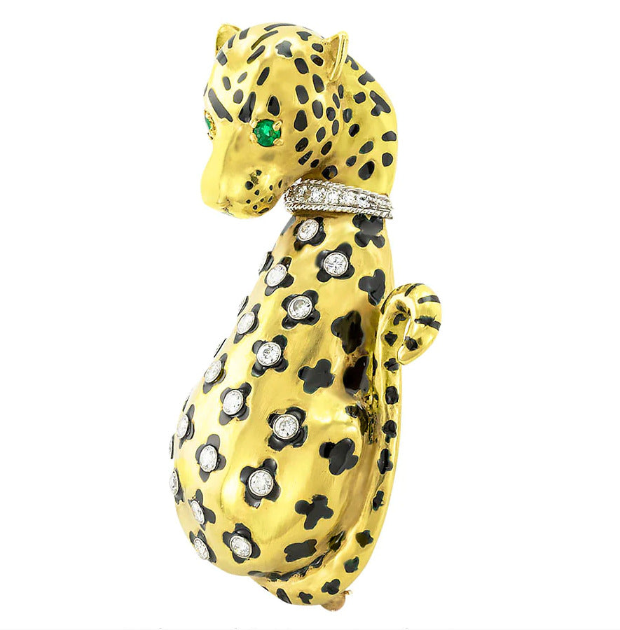 18K Yellow Gold Diamond Emerald Leopard brooch pin