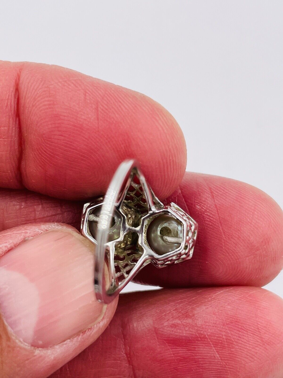 Vintage 14K White Gold Filigree double Pearl Ring Art Deco