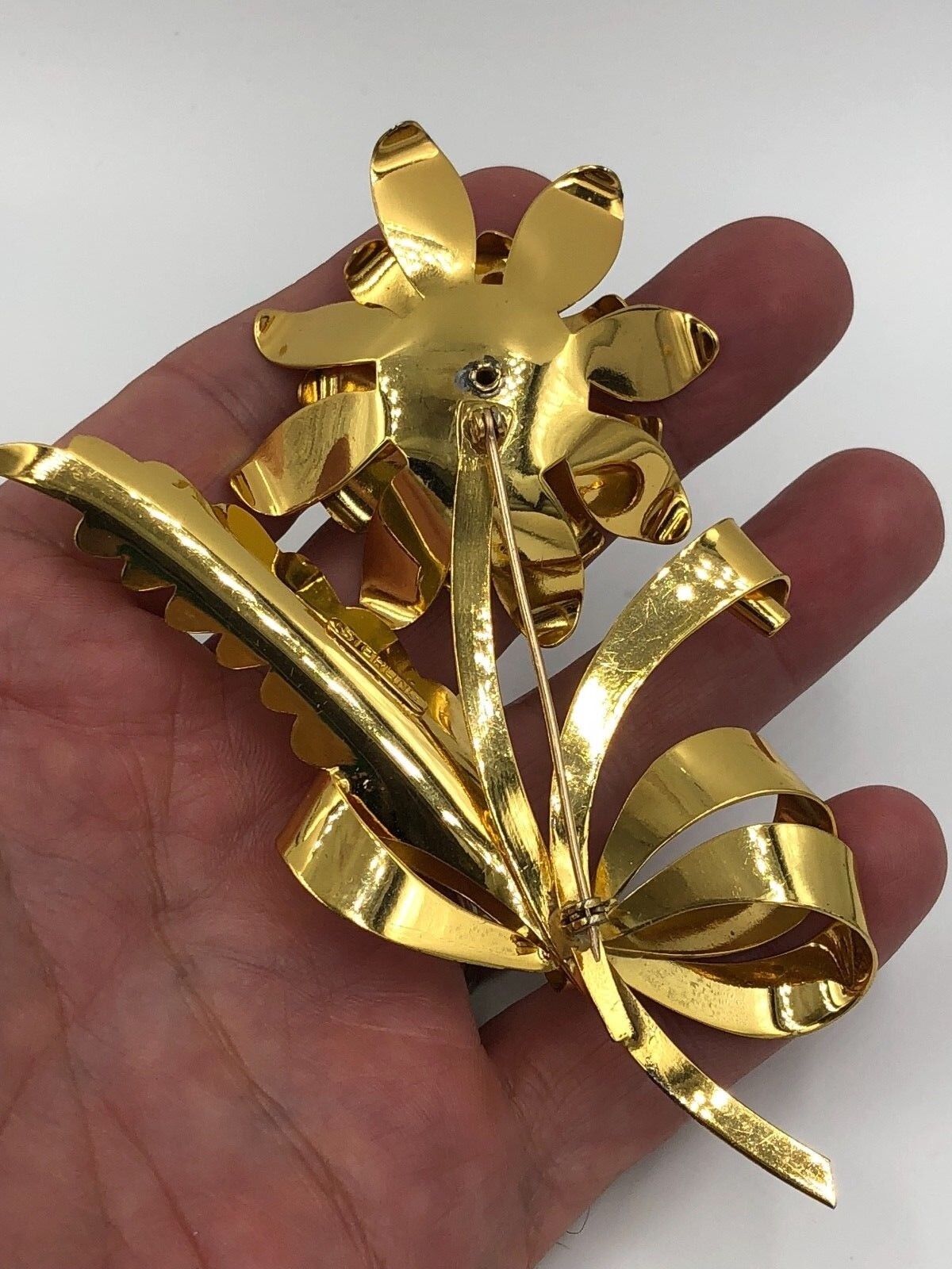 Vintage Mid-Century Sterling Silver Gold Vermeil Rhinestone Flower Brooch pin